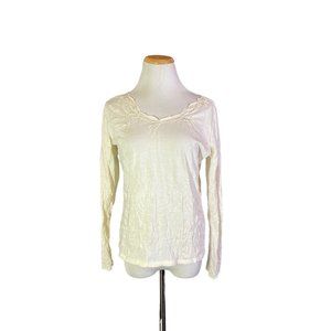 Older Style J. Jill Size PS Cream Knit Long Sleeve Top Embroidered Leaves